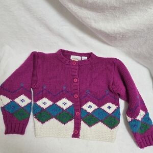 Vintage Teal Magenta Green Argyle Cardigan Sweater Kids  Medium Great Condition